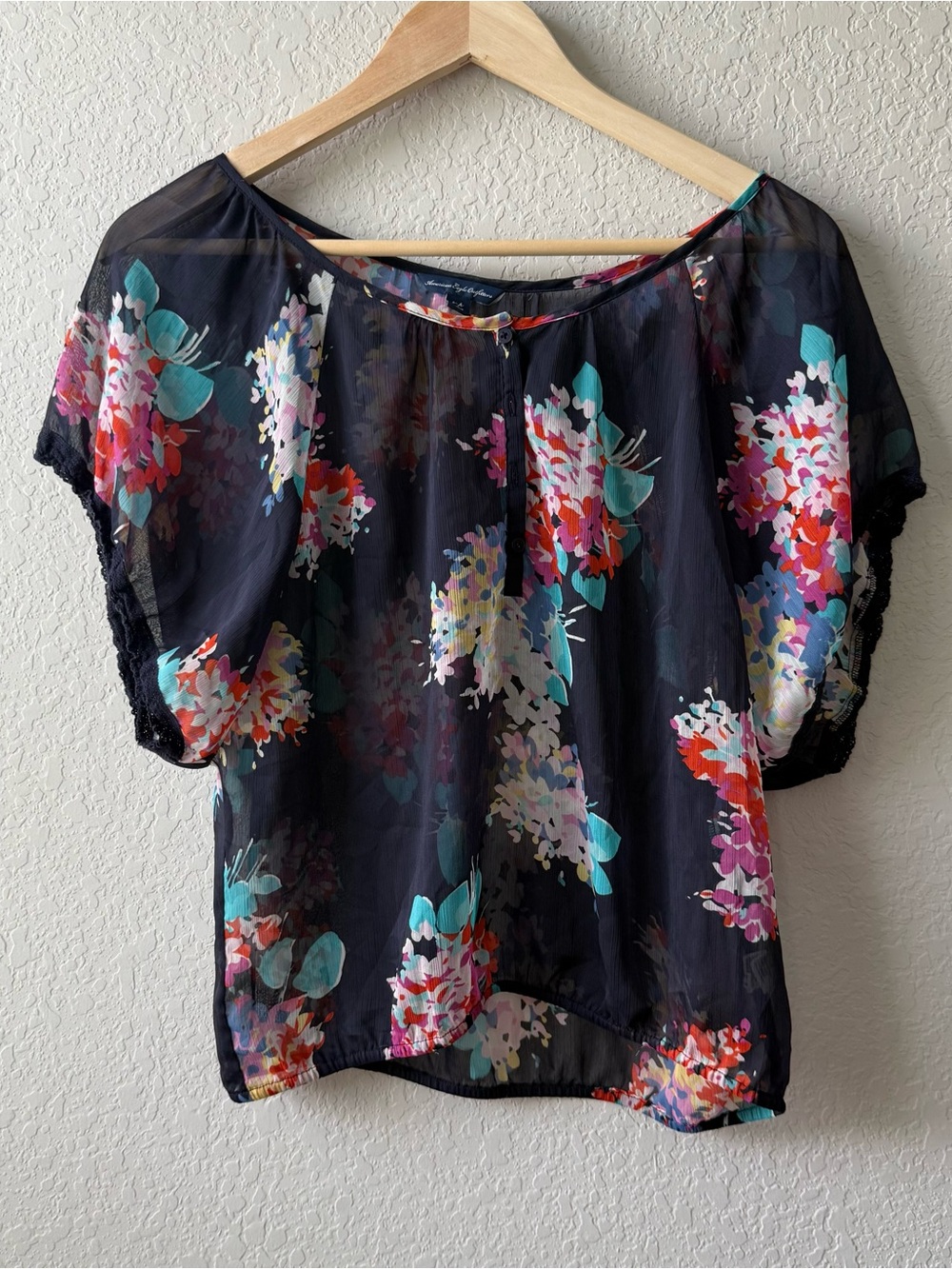 American Eagle Outfitters Navy Sheer Floral Blouse with Teal & Pink Accents
